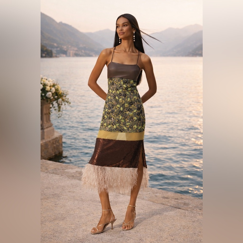 💝RARE💝 Anthropologie NWT Mixed Media Embroidered Floral Faux-Feather Midi 4